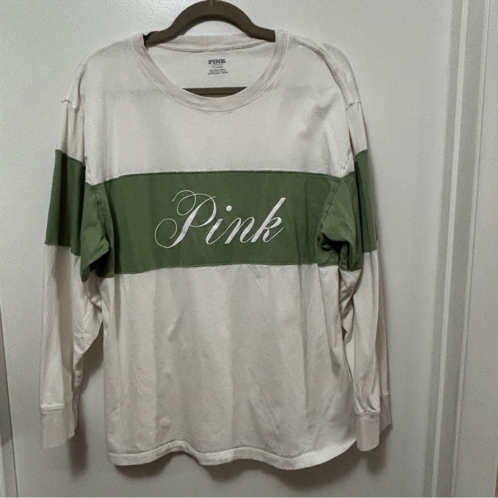 Victoria’s Secret PINK Long Sleeve T Shirt Size Large Sage Green/White Soft